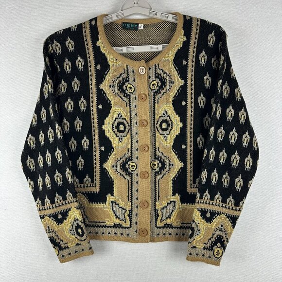 Ceny Sweaters - CENY WOMEN'S RUG PRINT ACRYLIC SWEATER LONG SLEEVE BUTTO-UP VINTAGE SIZE S